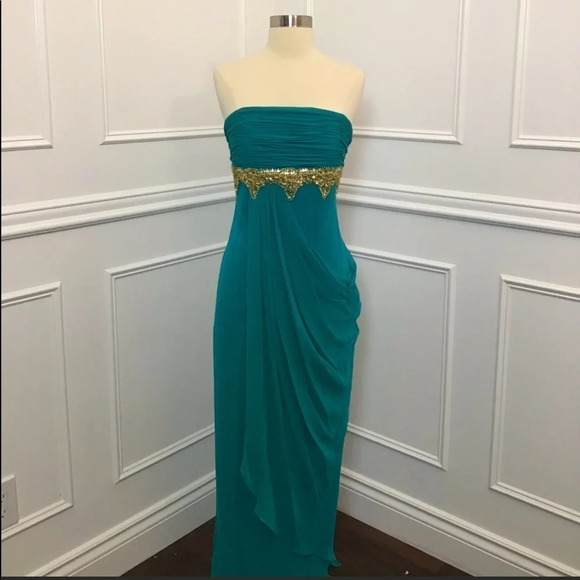 Marchesa Teal Strapless pleated and draped silk Dress with Gold beaded accent. - Picture 2 of 13